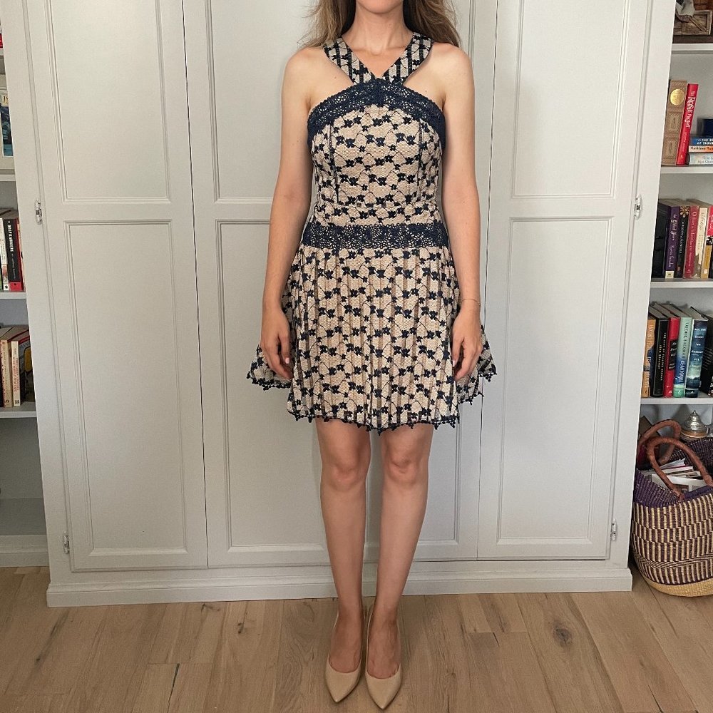 Navy & Beige Lace Halter Fit and Flare Dress